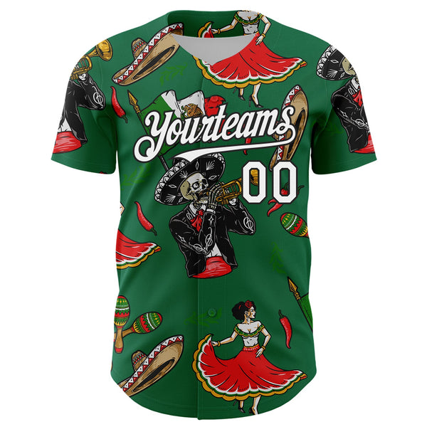 Custom Kelly Green White-Black 3D Mexican Festival Skull Cinco de Mayo Authentic Baseball Jersey alternate