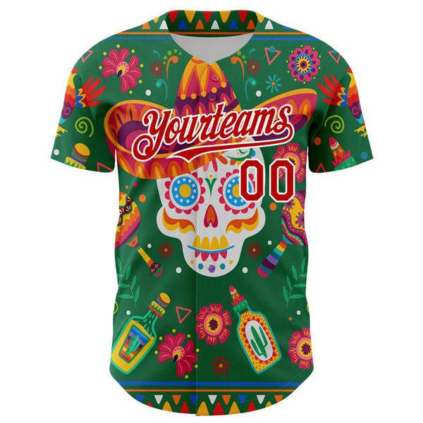 Custom Kelly Green Red-White 3D Mexican Festival Flower Skull With Sombrero Cinco de Mayo Authentic Baseball Jersey alternate