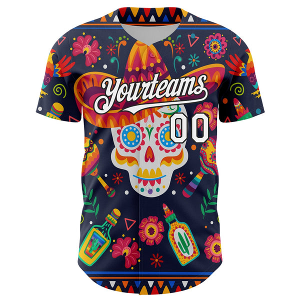 Custom Navy White-Black 3D Mexican Festival Flower Skull With Sombrero Cinco de Mayo Authentic Baseball Jersey alternate