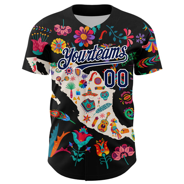 Custom Black Navy-White 3D Mexico Map With Tropical Plant And Animal Authentic Baseball Jersey alternate