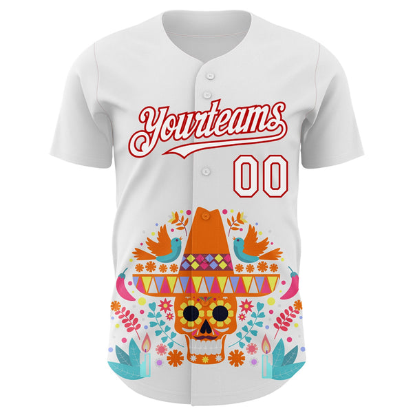 Custom White Red 3D Mexican Festival Flower Skull With Sombrero Cinco de Mayo Authentic Baseball Jersey alternate