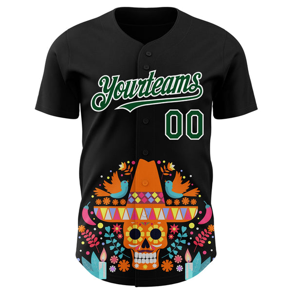 Custom Black Green-White 3D Mexican Festival Flower Skull With Sombrero Cinco de Mayo Authentic Baseball Jersey alternate