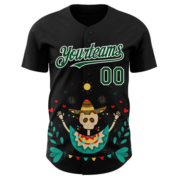 Custom Black Green-White 3D Mexican Festival Flower Skull With Sombrero Cinco de Mayo Authentic Baseball Jersey alternate