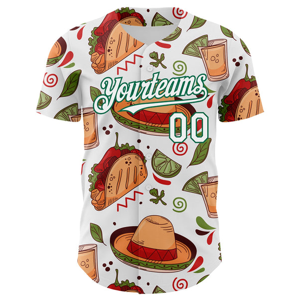 Custom White Kelly Green 3D Mexican Festival Tacos And Sombrero Cinco de Mayo Authentic Baseball Jersey alternate