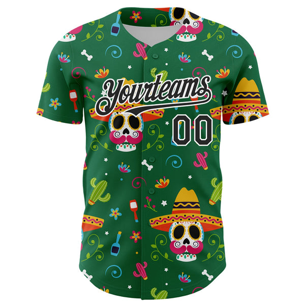 Custom Kelly Green Black-White 3D Mexican Festival Flower Skull With Sombrero Cinco de Mayo Authentic Baseball Jersey alternate