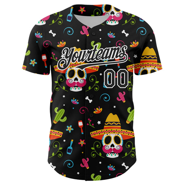 Custom Black White 3D Mexican Festival Flower Skull With Sombrero Cinco de Mayo Authentic Baseball Jersey alternate