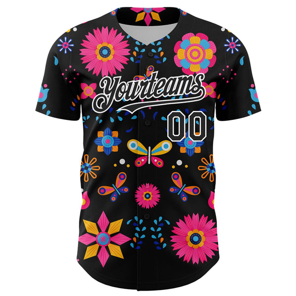 Custom Black White 3D Mexican Festival Flower Cinco de Mayo Authentic Baseball Jersey alternate