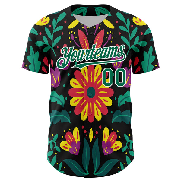 Custom Black Kelly Green-White 3D Mexican Festival Flower Cinco de Mayo Authentic Baseball Jersey alternate