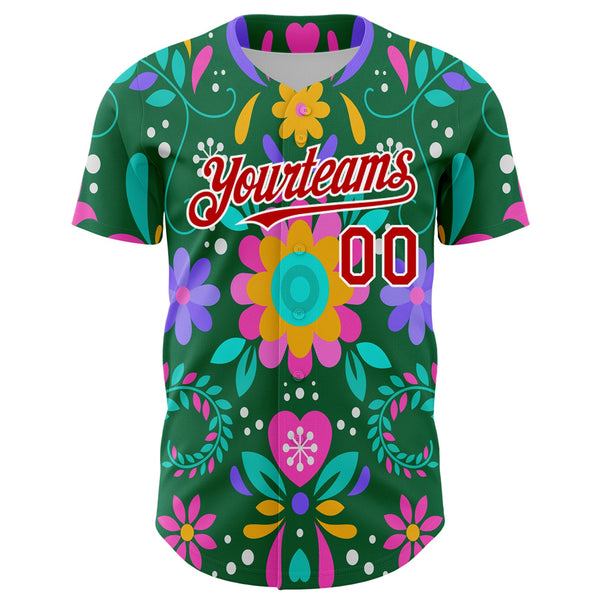 Custom Kelly Green Red-White 3D Mexican Festival Flower Cinco de Mayo Authentic Baseball Jersey alternate
