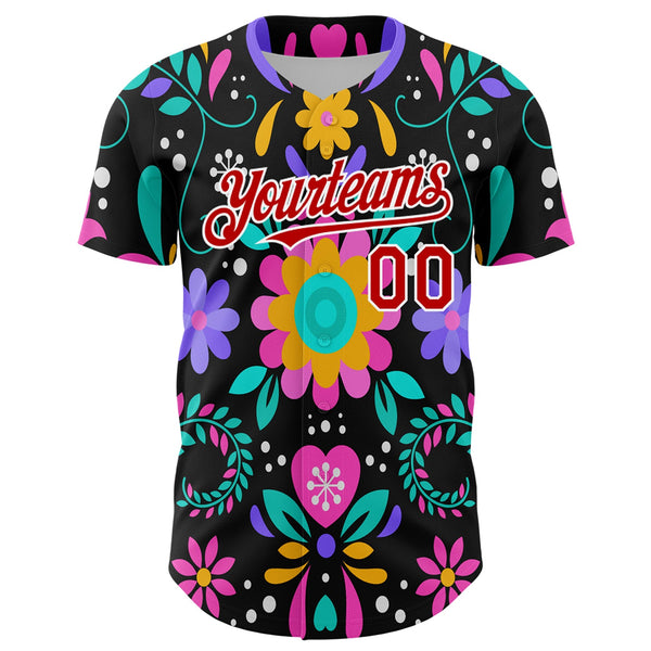 Custom Black Red-White 3D Mexican Festival Flower Cinco de Mayo Authentic Baseball Jersey alternate