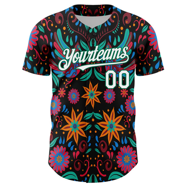 Custom Black White-Kelly Green 3D Mexican Festival Flower Cinco de Mayo Authentic Baseball Jersey alternate