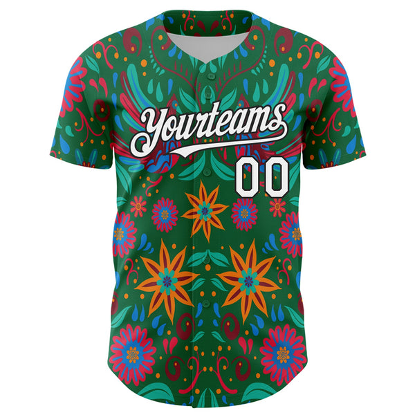 Custom Kelly Green White-Black 3D Mexican Festival Flower Cinco de Mayo Authentic Baseball Jersey alternate