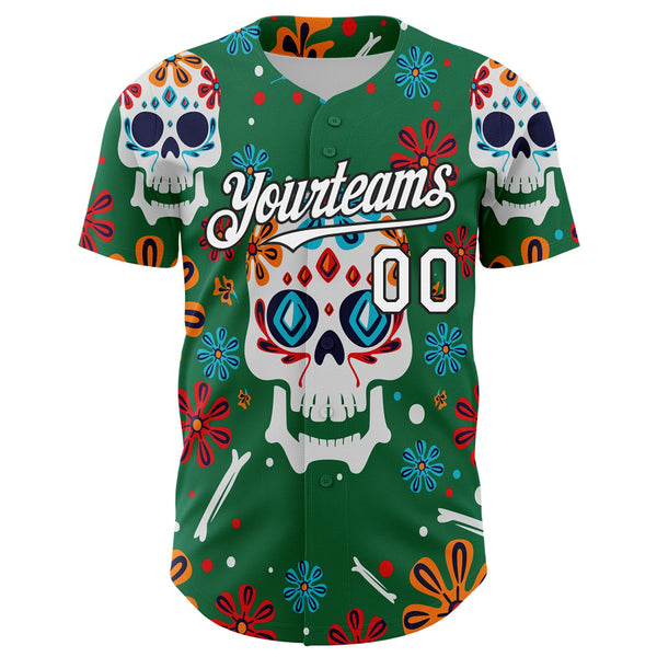 Custom Kelly Green White-Black 3D Mexican Festival Flower And Skull Cinco de Mayo Authentic Baseball Jersey alternate