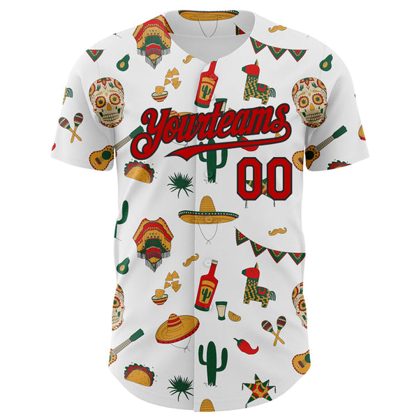 Custom White Red-Black 3D Mexican Festival Cactus Skull Sombrero Cinco de Mayo Authentic Baseball Jersey alternate