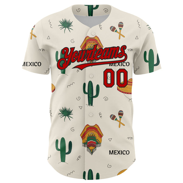 Custom Cream Red-Black 3D Mexican Festival Cactus And Sombrero Cinco de Mayo Authentic Baseball Jersey alternate