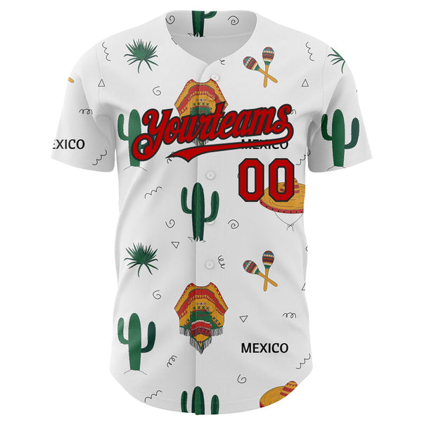 Custom White Red-Black 3D Mexican Festival Cactus And Sombrero Cinco de Mayo Authentic Baseball Jersey alternate