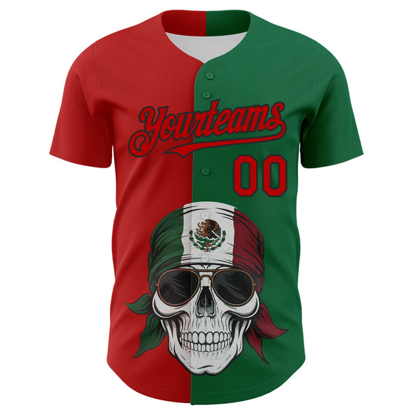 Custom Green Red-Black 3D Mexican Flag Skull Authentic Baseball Jersey alternate