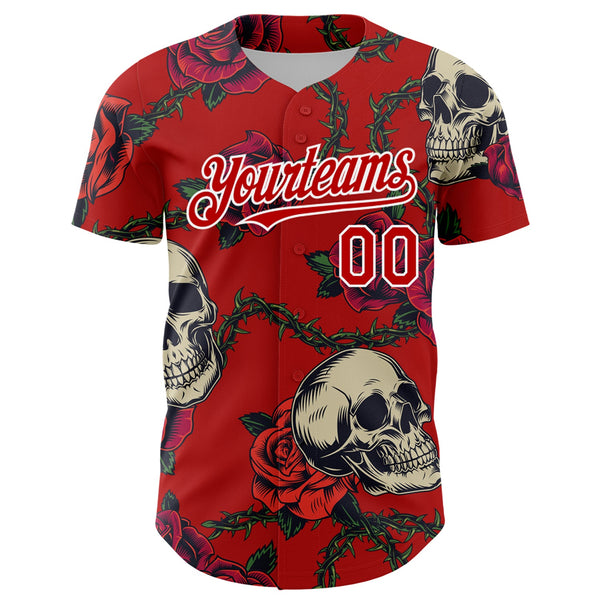 Custom Red White 3D Mexican Festival Skull And Flower Cinco de Mayo Authentic Baseball Jersey alternate