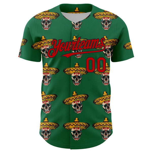 Custom Kelly Green Red-Black 3D Mexican Festival Skull With Sombrero Cinco de Mayo Authentic Baseball Jersey alternate