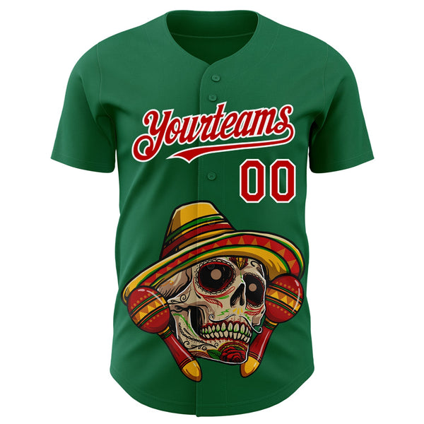 Custom Kelly Green Red-White 3D Mexican Festival Skull With Sombrero Cinco de Mayo Authentic Baseball Jersey alternate
