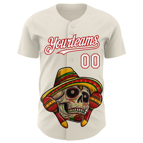 Custom Cream White-Red 3D Mexican Festival Skull With Sombrero Cinco de Mayo Authentic Baseball Jersey alternate