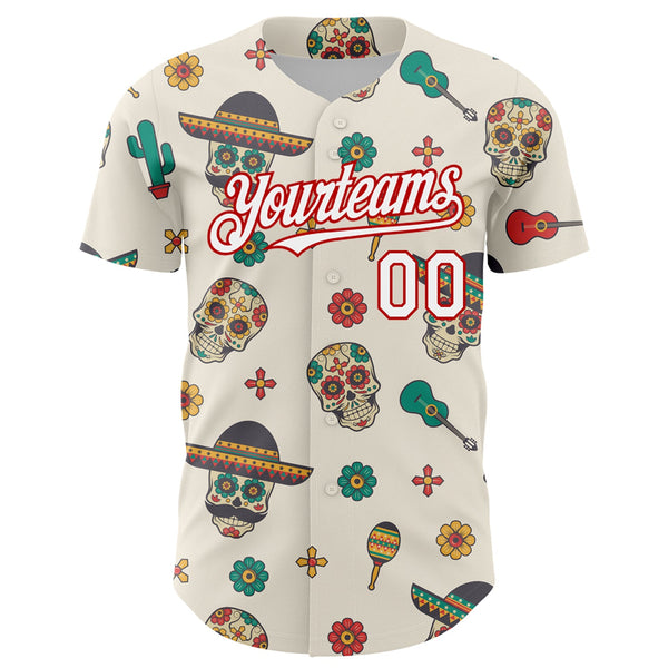 Custom Cream White-Red 3D Mexican Festival Cactus Skull With Sombrero Cinco de Mayo Authentic Baseball Jersey alternate