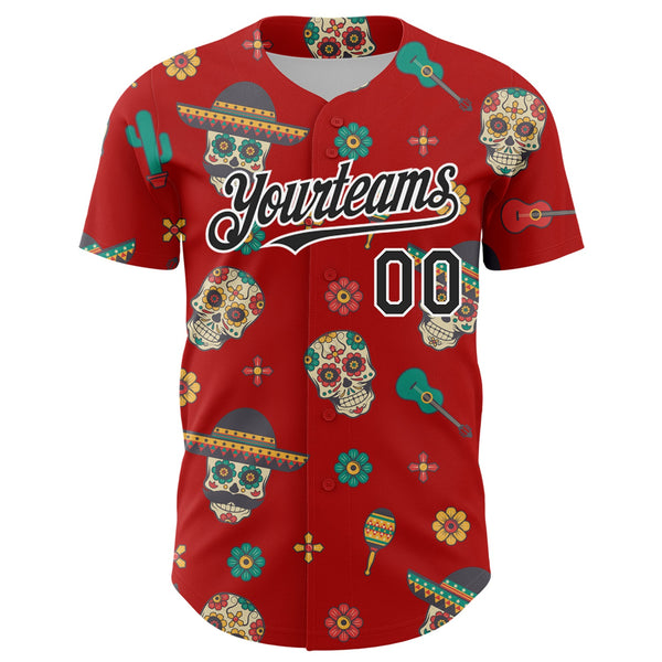 Custom Red Black-White 3D Mexican Festival Cactus Skull With Sombrero Cinco de Mayo Authentic Baseball Jersey alternate