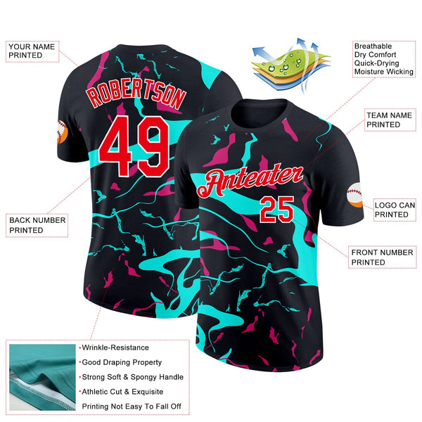 Custom Black Fire Red Ice Blue-Hot Pink 3D Esports Performance T-Shirt alternate