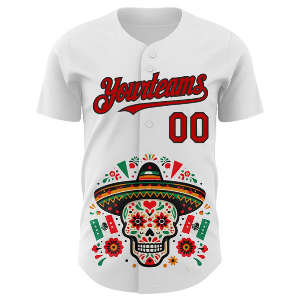 Custom White Red-Black 3D Mexican Festival Flag Skull With Sombrero Cinco de Mayo Authentic Baseball Jersey alternate