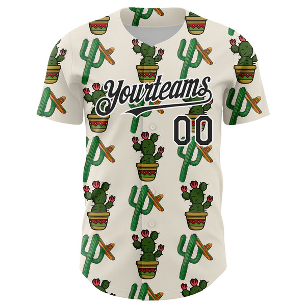 Custom Cream Black-White 3D Mexican Cactus Authentic Baseball Jersey alternate