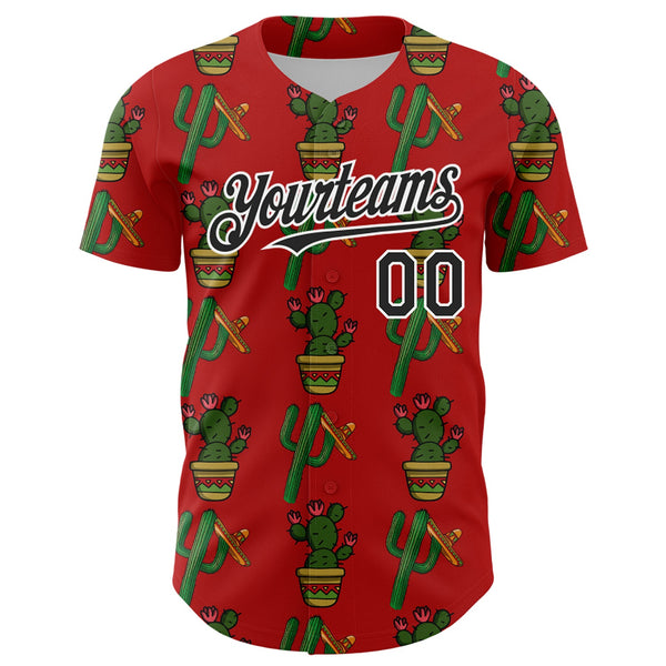 Custom Red Black-White 3D Mexican Cactus Authentic Baseball Jersey alternate