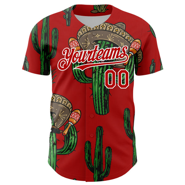 Custom Red White 3D Mexican Cactus Authentic Baseball Jersey alternate