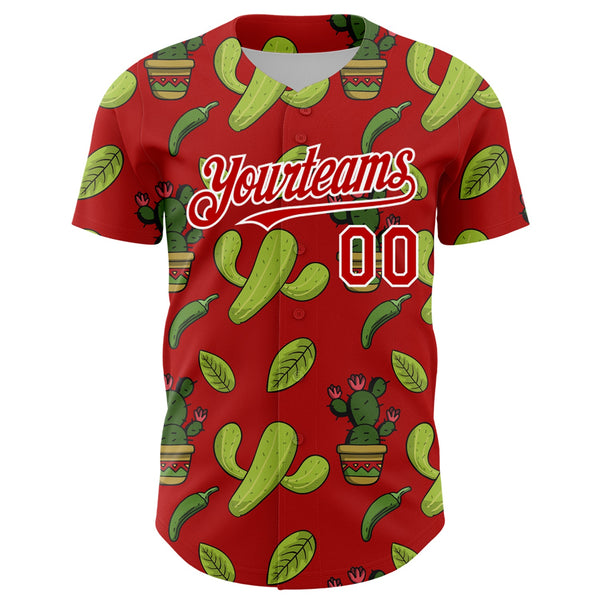 Custom Red White 3D Mexican Cactus Authentic Baseball Jersey alternate