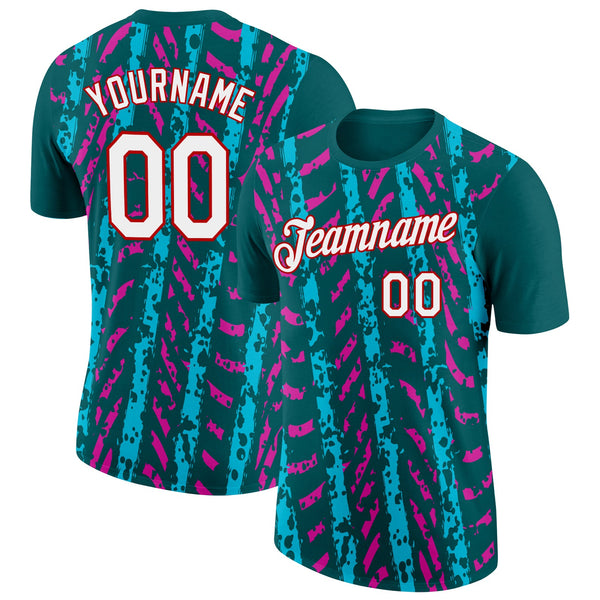 Custom Midnight Green Lakes Blue Deep Pink-Red 3D Esports Performance T-Shirt
