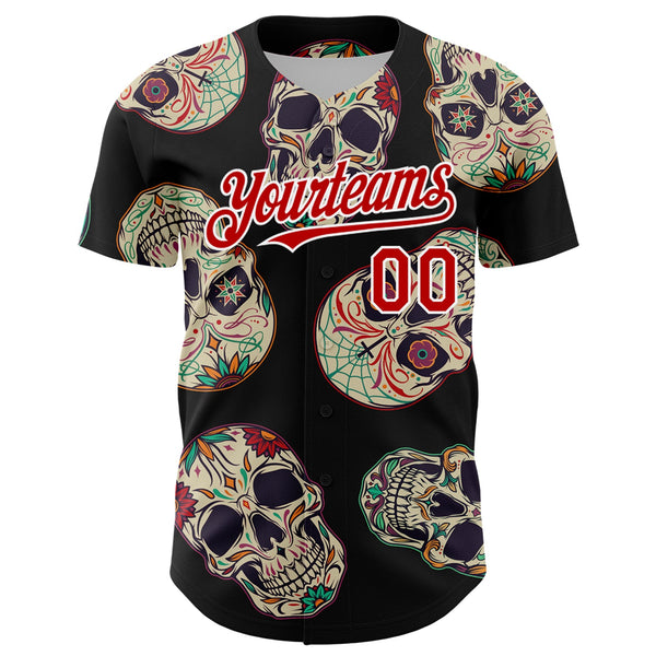 Custom Black Red-White 3D Mexican Skull Authentic Baseball Jersey alternate
