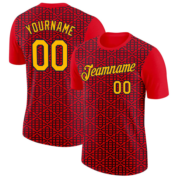 Custom Fire Red Gold Black-Navy 3D Esports Performance T-Shirt