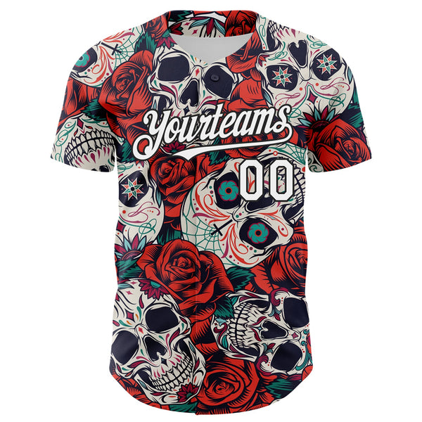Custom White Black 3D Mexican Skull And Flower Authentic Baseball Jersey alternate