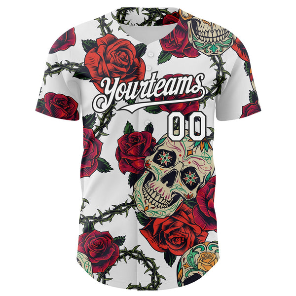 Custom White Black 3D Mexican Skull And Flower Authentic Baseball Jersey alternate