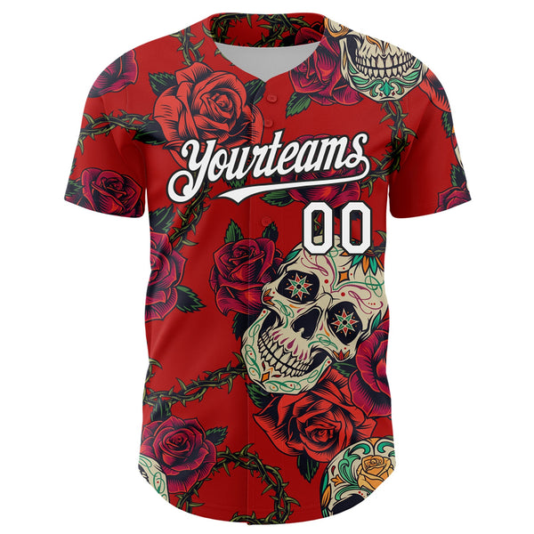 Custom Red White-Black 3D Mexican Skull And Flower Authentic Baseball Jersey alternate