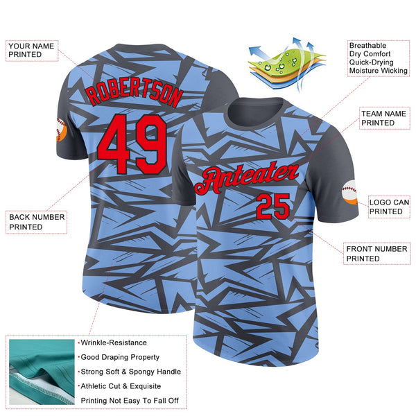 Custom Steel Gray Fire Red Light Blue-Black 3D Esports Performance T-Shirt alternate