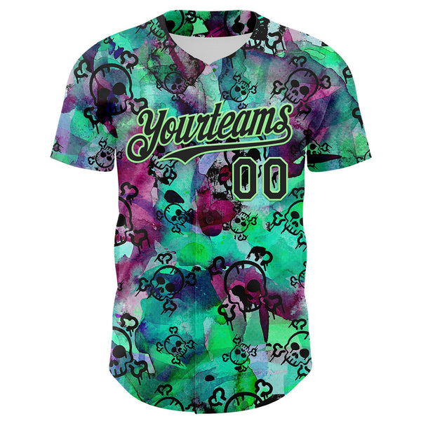 Custom Pea Green Black 3D Graffiti Skull Authentic Baseball Jersey alternate