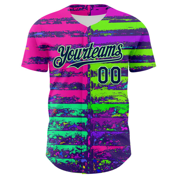 Custom Pink Navy-Pea Green 3D Pattern Design Rave Psychedelic Neon Fluid Art Authentic Baseball Jersey alternate
