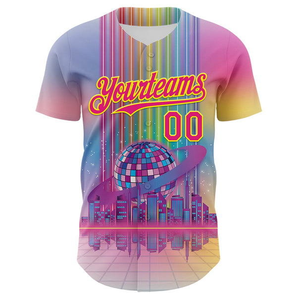 Custom Pink Hot Pink-Light Yellow 3D Pattern Design Rave Psychedelic Neon Music Disco Authentic Baseball Jersey alternate