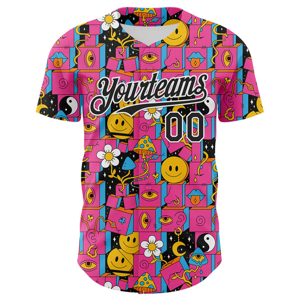 Custom Hot Pink Black-White 3D Pattern Design Rave Psychedelic Geometry Authentic Baseball Jersey alternate