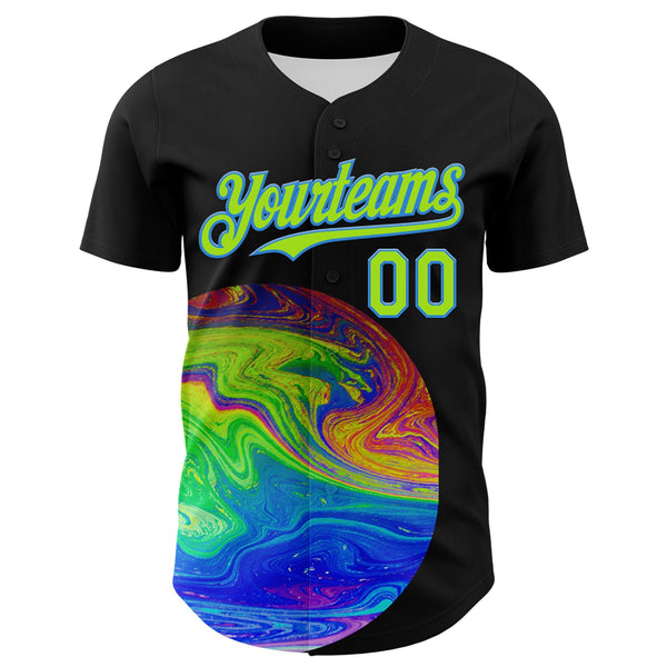 Custom Black Neon Green-Electric Blue 3D Pattern Design Rave Psychedelic Fluid Art Authentic Baseball Jersey alternate