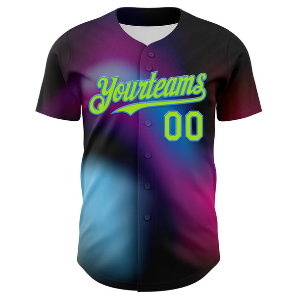 Custom Black Neon Green-Electric Blue 3D Pattern Design Rave Psychedelic Neon Dinosaur Authentic Baseball Jersey alternate