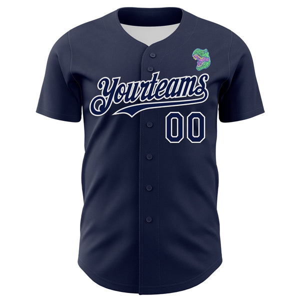 Custom Navy White 3D Pattern Design Rave Psychedelic Neon Dinosaur Authentic Baseball Jersey alternate