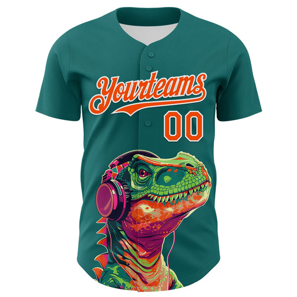 Custom Teal Orange-White 3D Pattern Design Rave Psychedelic Dinosaur Authentic Baseball Jersey alternate