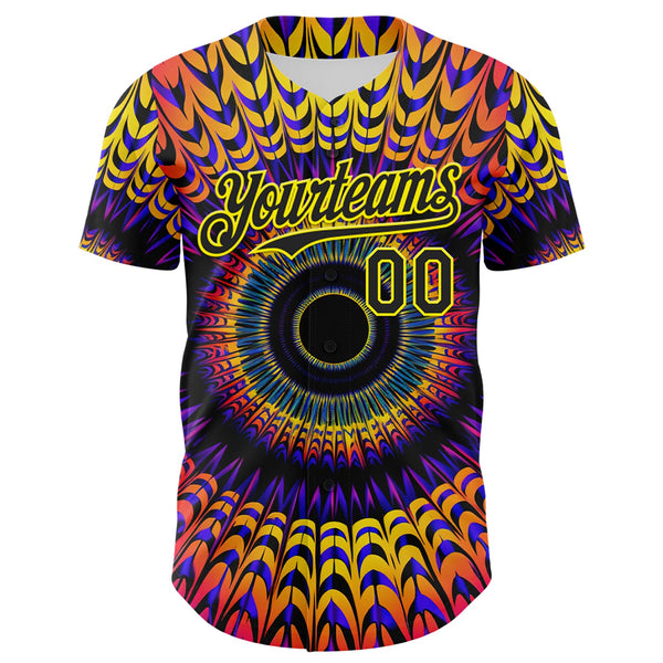 Custom Black Light Yellow 3D Pattern Design Rave Psychedelic Fractal Style Authentic Baseball Jersey alternate