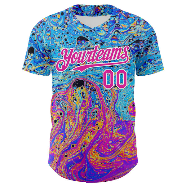 Custom Electric Blue Deep Pink-White 3D Pattern Design Rave Psychedelic Fluid Art Authentic Baseball Jersey alternate